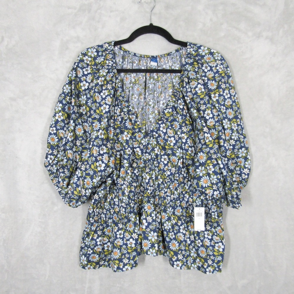 Old Navy Womens XL Blue Daisy Floral Smocked Peplum Puff Sleeve Cotton Top NWT